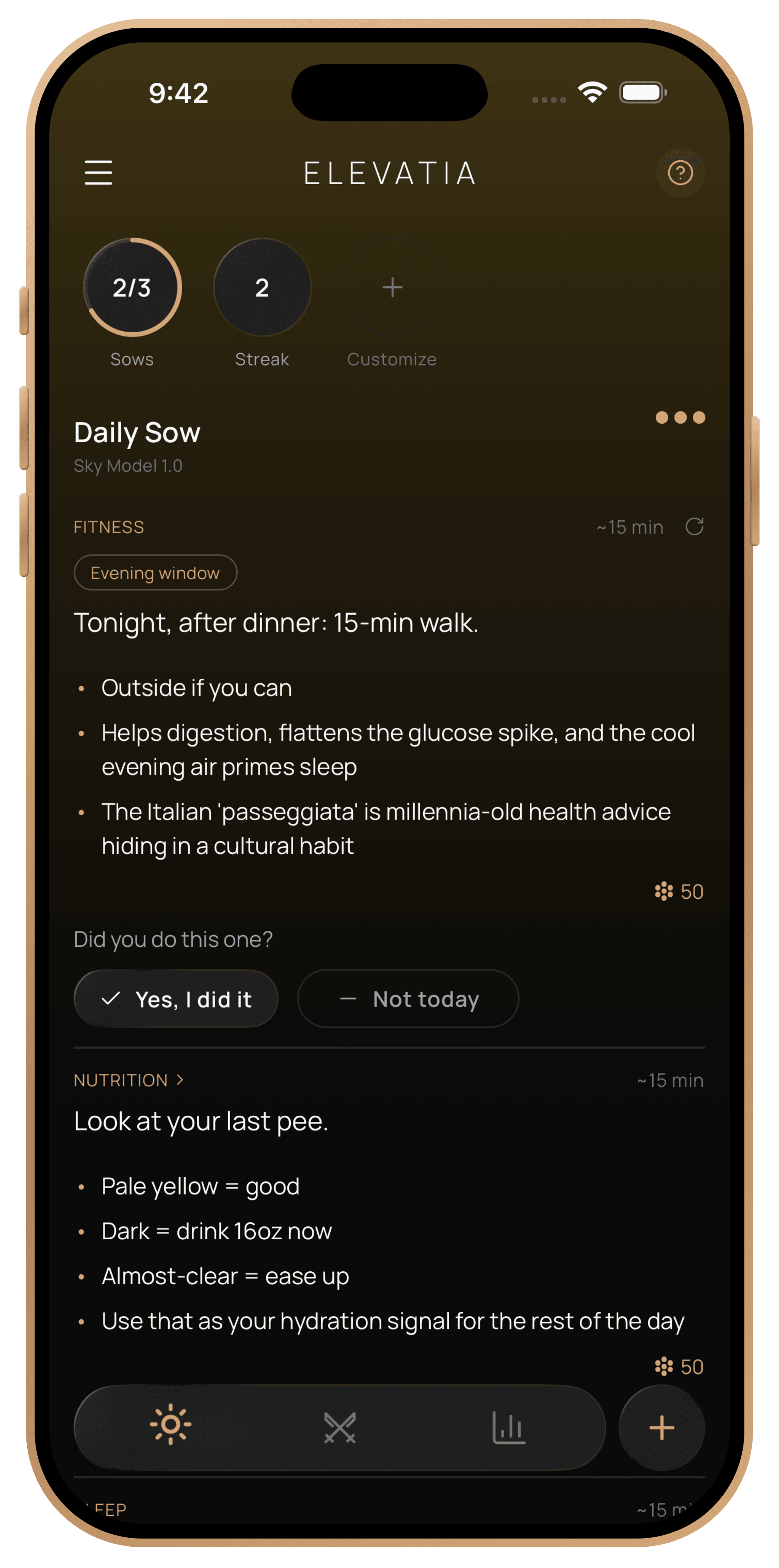 Elevatia today screen with the Daily Sow