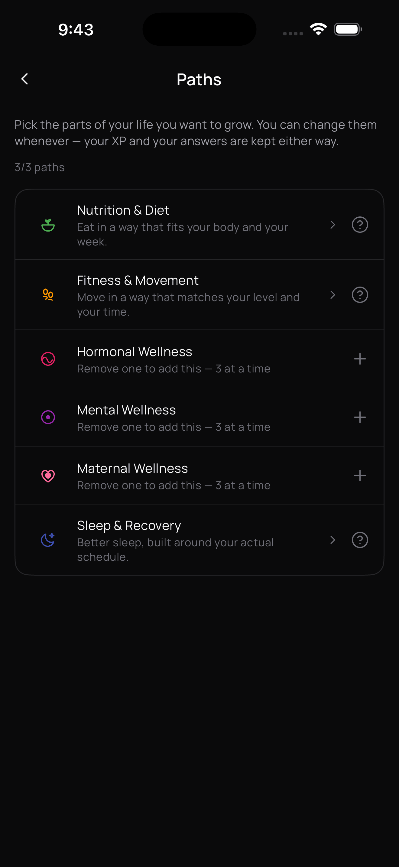 Elevatia areas picker: nutrition, fitness, hormonal, mental, maternal and sleep