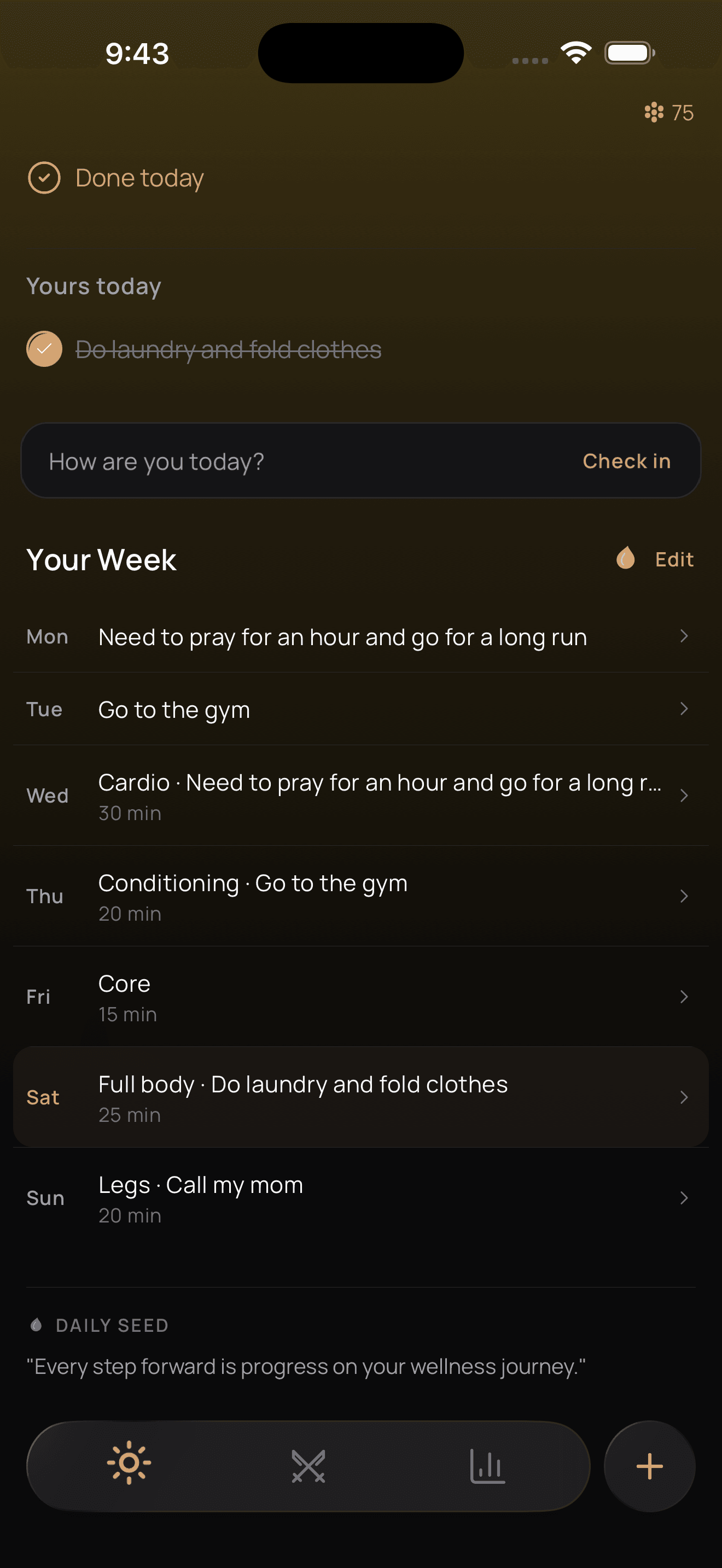 Elevatia week plan with a daily check-in and completed sow